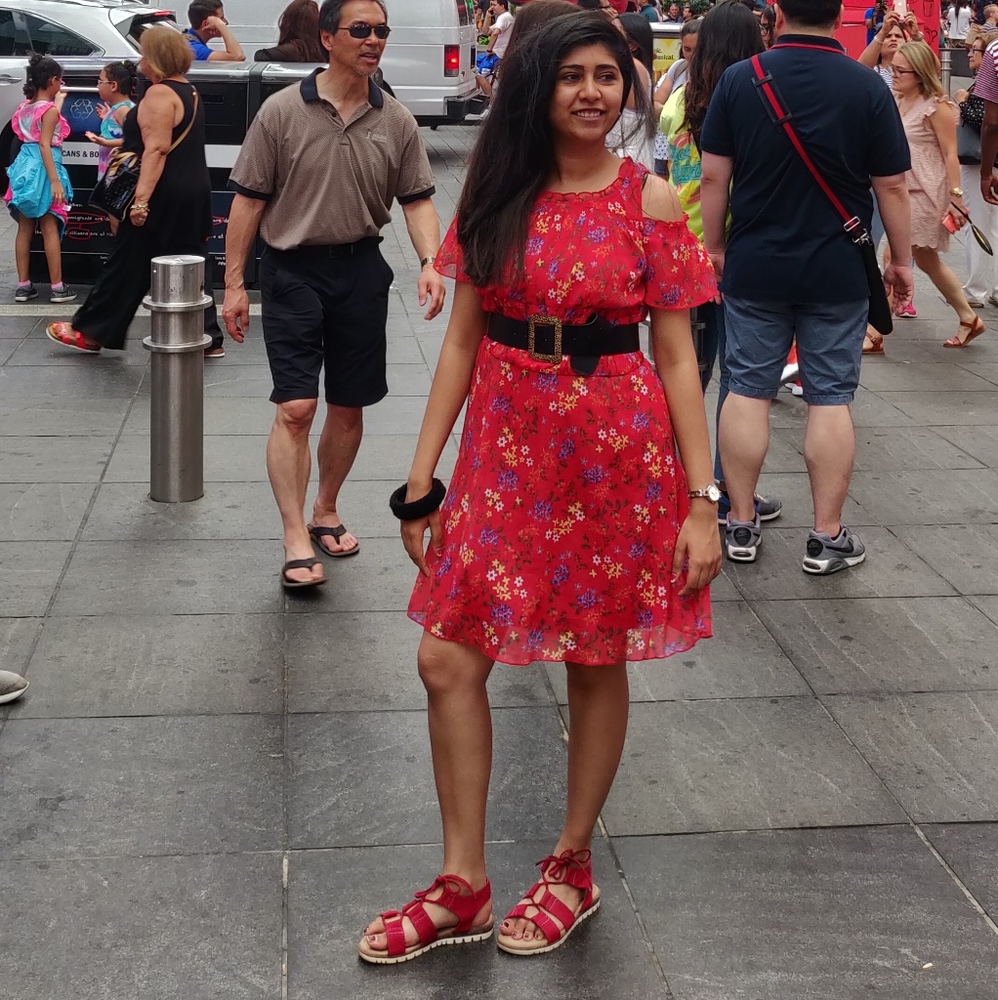 Red floral dress.